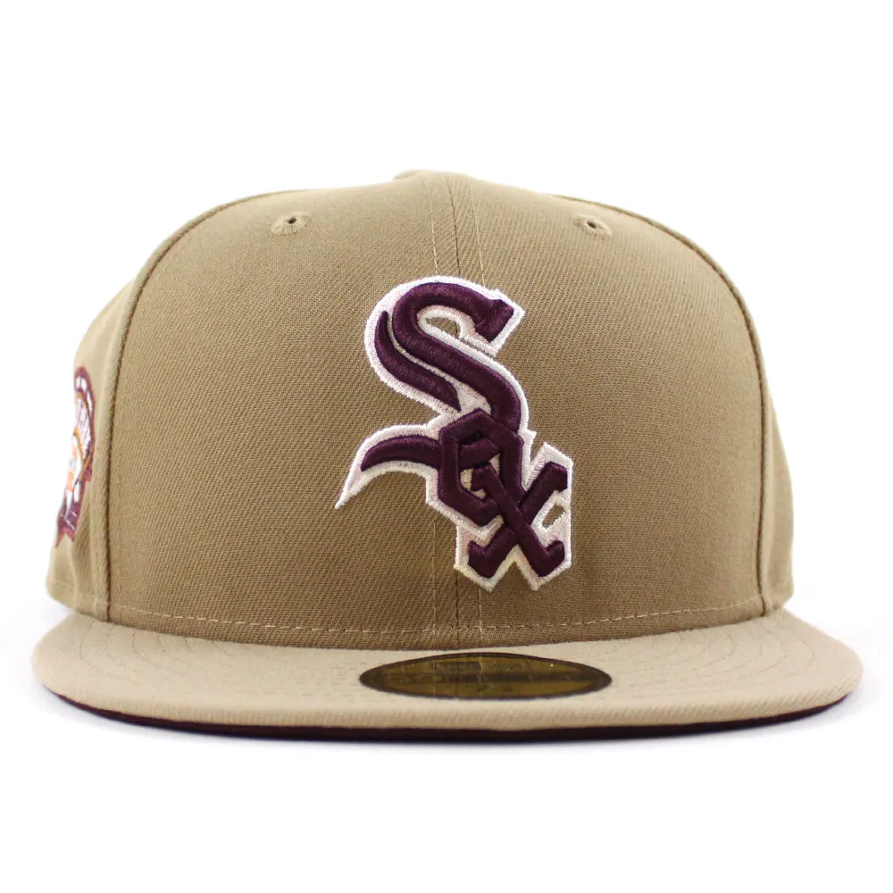 Chicago White Sox COMISKEY PARK New Era Fitted 59Fifty Hat (Glow in the Dark Khaki Camel Maroon Under Brim)