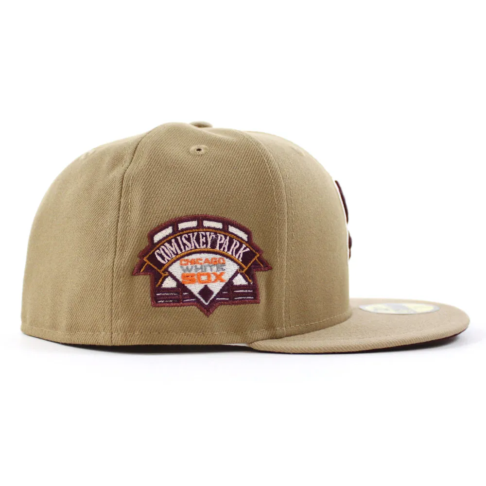 Chicago White Sox COMISKEY PARK New Era Fitted 59Fifty Hat (Glow in the Dark Khaki Camel Maroon Under Brim)
