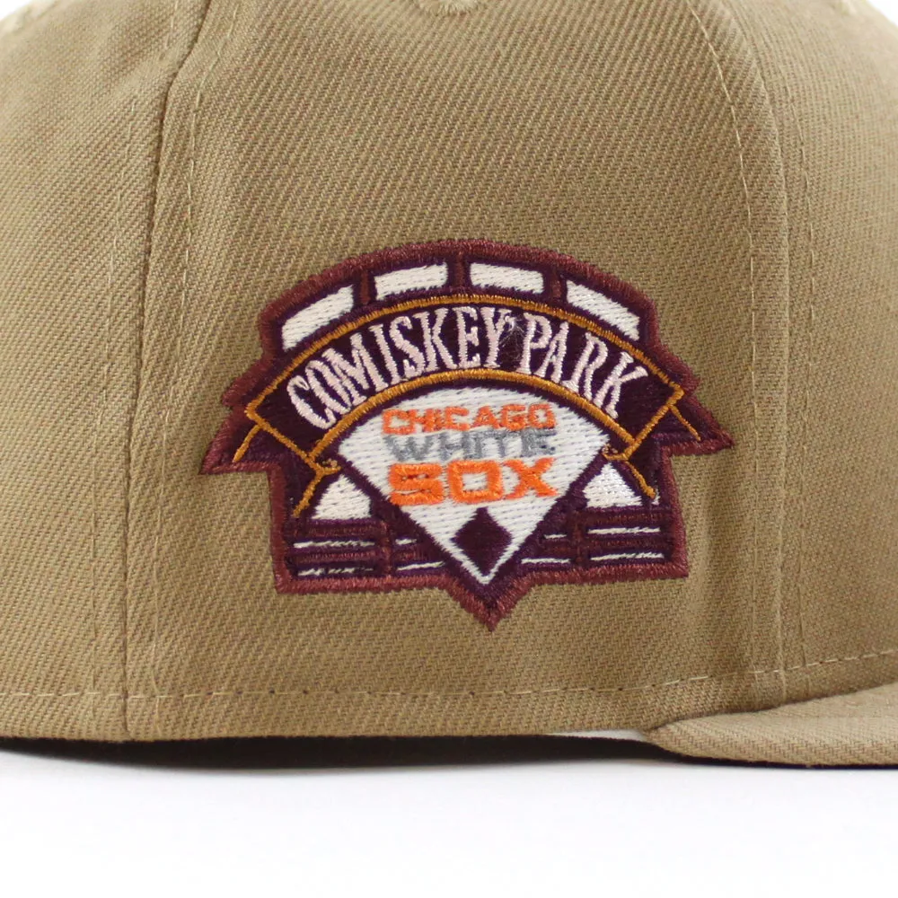 Chicago White Sox COMISKEY PARK New Era Fitted 59Fifty Hat (Glow in the Dark Khaki Camel Maroon Under Brim)