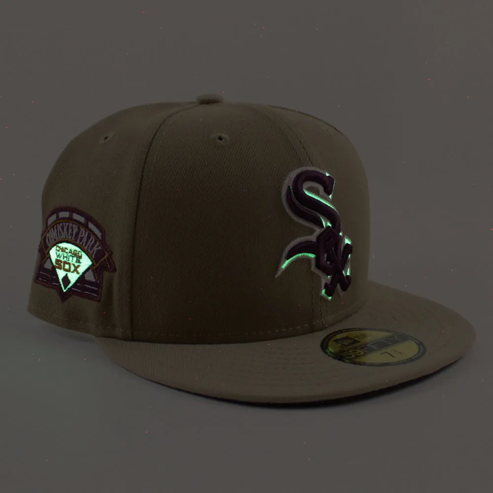 Chicago White Sox COMISKEY PARK New Era Fitted 59Fifty Hat (Glow in the Dark Khaki Camel Maroon Under Brim)