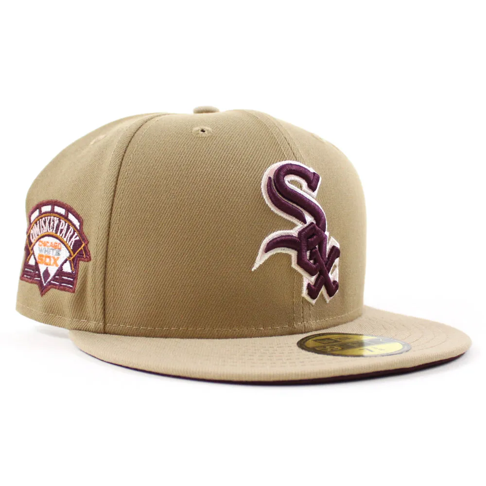 Chicago White Sox COMISKEY PARK New Era Fitted 59Fifty Hat (Glow in the Dark Khaki Camel Maroon Under Brim)
