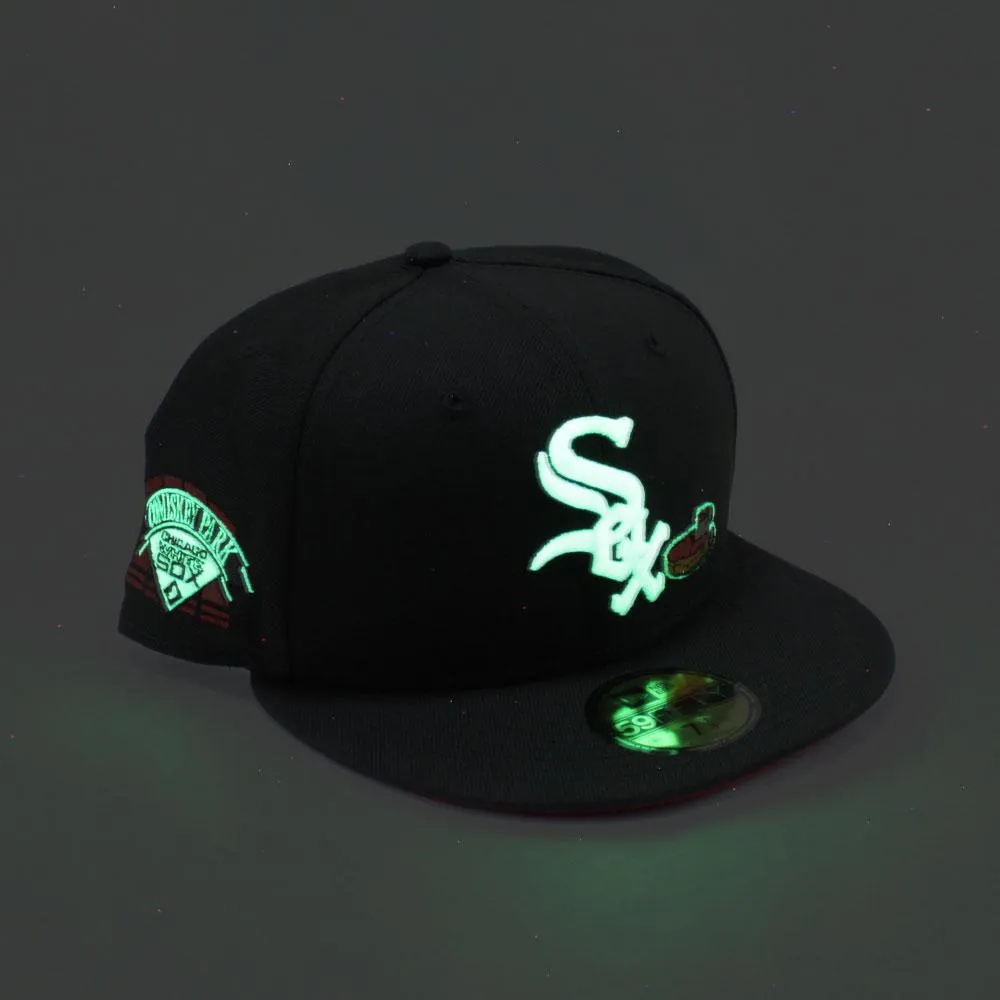 Chicago White Sox Deep Dish Comiskey Park Patch New Era Fitted 59Fifty Hat (GITD Black Red Under Brim)