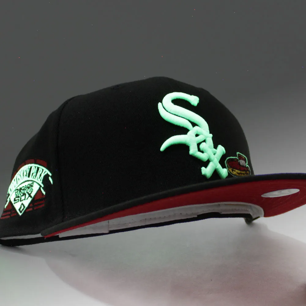 Chicago White Sox Deep Dish Comiskey Park Patch New Era Fitted 59Fifty Hat (GITD Black Red Under Brim)