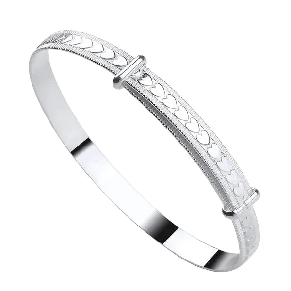 Children's Bangles:  Sterling Silver Children's Sweetheart Adjustable, Heart Embossed Bangles Age 3 - 8