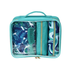 Conair 5 Piece Toiletry and Cosmetic Bag Set Under $30, Includes 4 Makeup Bags and 1 Travel Comb in Teal Palm Prints