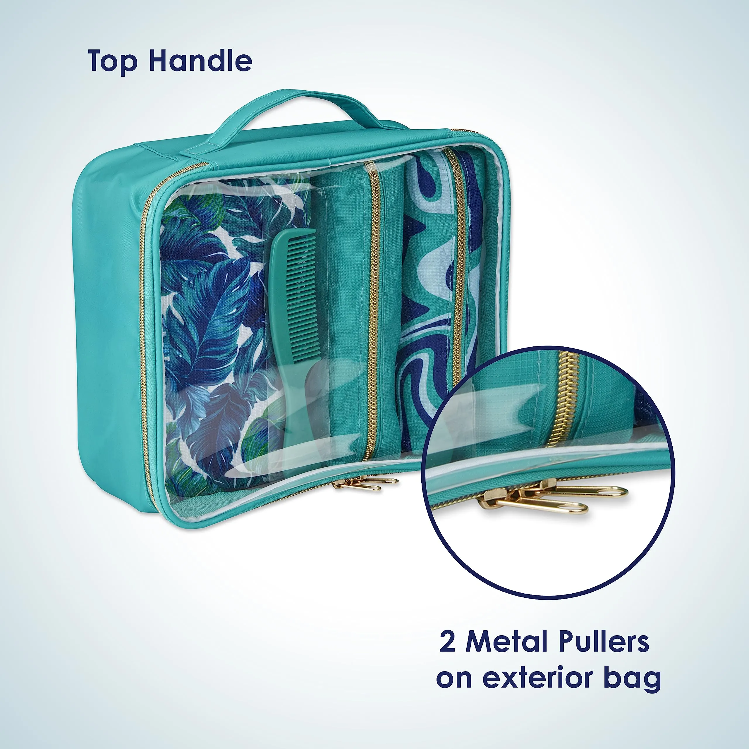 Conair 5 Piece Toiletry and Cosmetic Bag Set Under $30, Includes 4 Makeup Bags and 1 Travel Comb in Teal Palm Prints