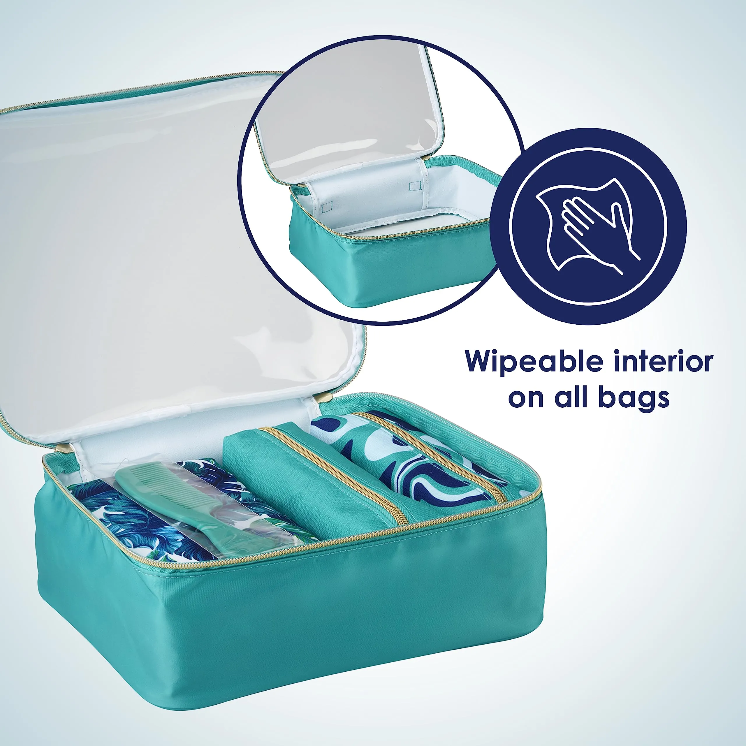 Conair 5 Piece Toiletry and Cosmetic Bag Set Under $30, Includes 4 Makeup Bags and 1 Travel Comb in Teal Palm Prints