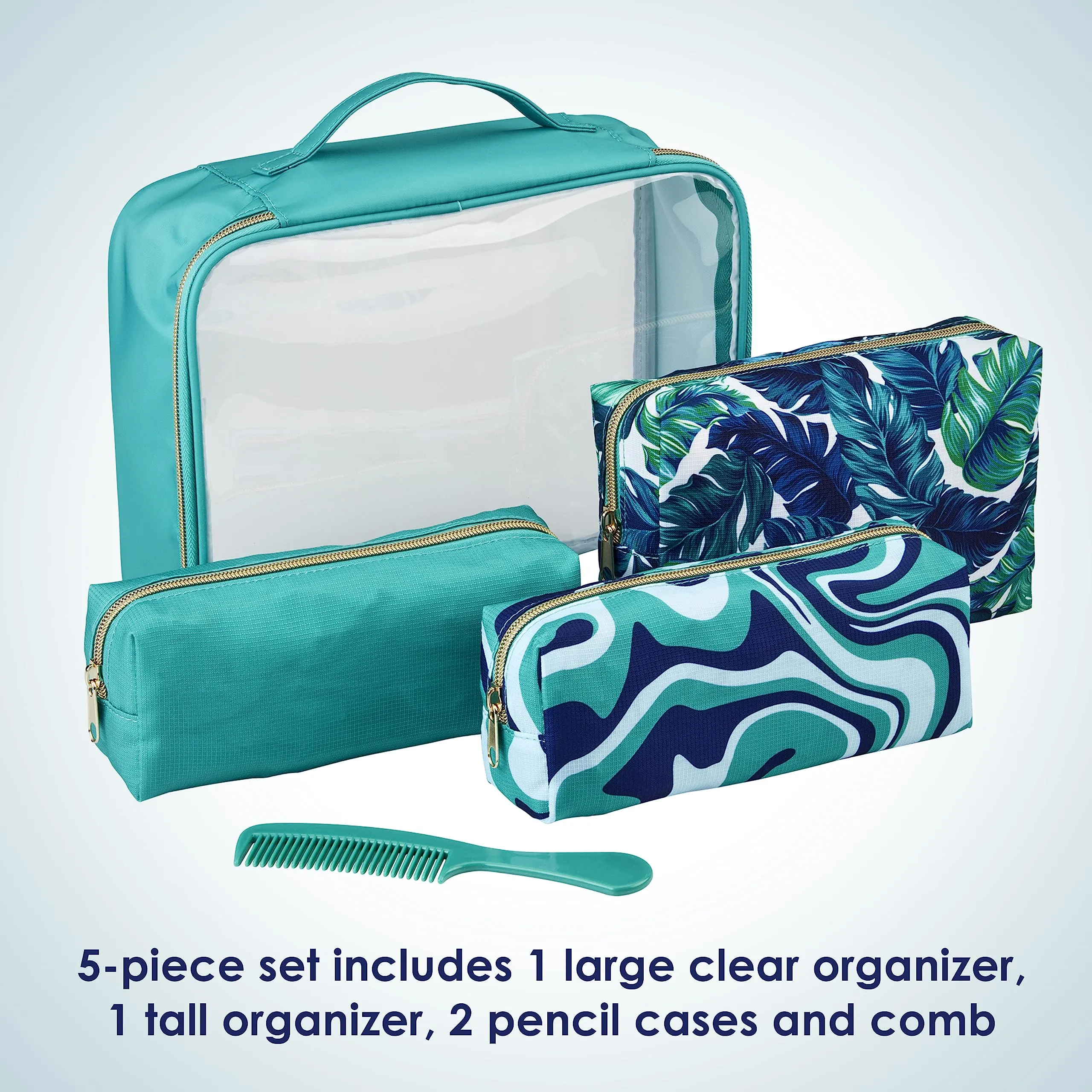 Conair 5 Piece Toiletry and Cosmetic Bag Set Under $30, Includes 4 Makeup Bags and 1 Travel Comb in Teal Palm Prints