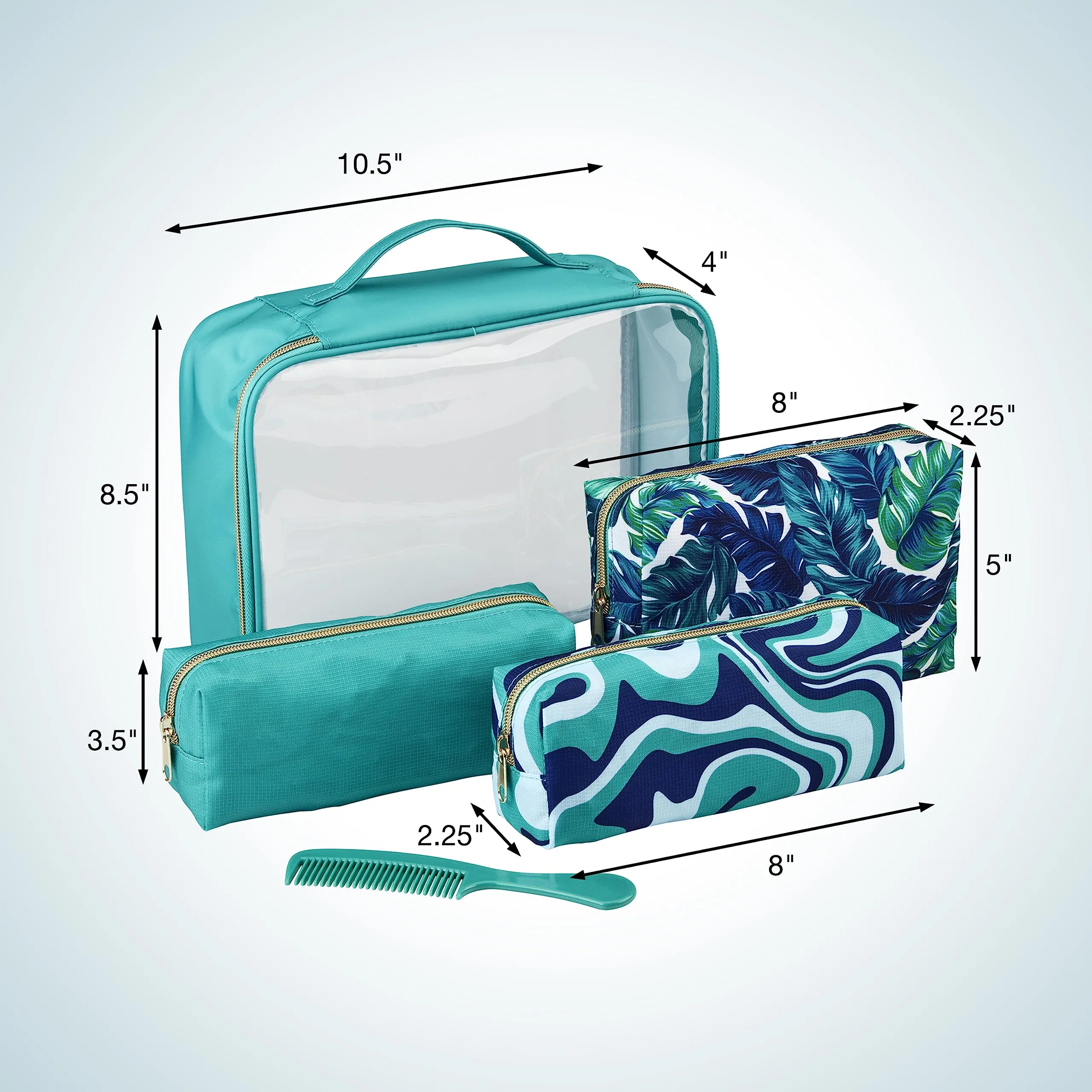 Conair 5 Piece Toiletry and Cosmetic Bag Set Under $30, Includes 4 Makeup Bags and 1 Travel Comb in Teal Palm Prints