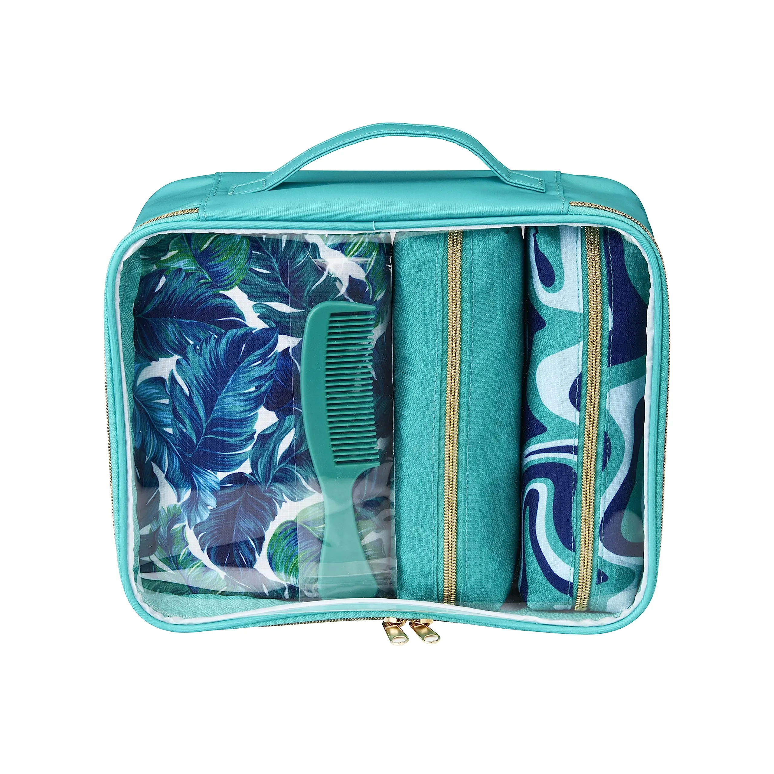 Conair 5 Piece Toiletry and Cosmetic Bag Set Under $30, Includes 4 Makeup Bags and 1 Travel Comb in Teal Palm Prints
