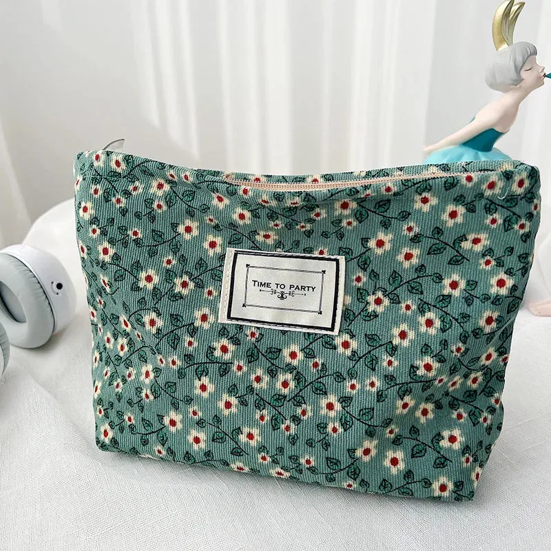 Cosmetic Bag for Women Floral Makeup Case Organizer Embroidered Design Cosmetic Pouch Travel Toiletry Bag Corduroy Canvas Beauty Case