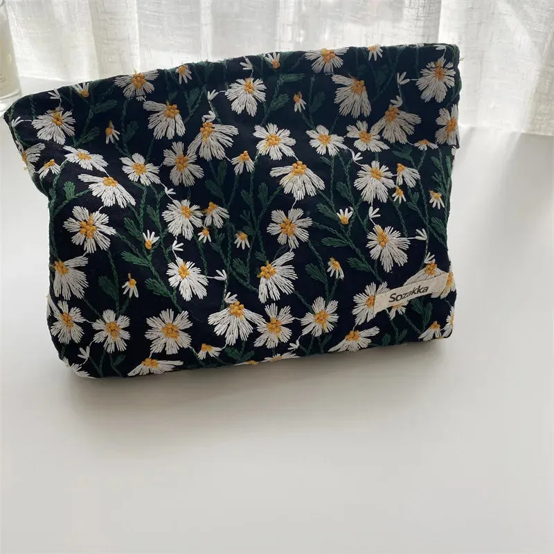 Cosmetic Bag for Women Floral Makeup Case Organizer Embroidered Design Cosmetic Pouch Travel Toiletry Bag Corduroy Canvas Beauty Case