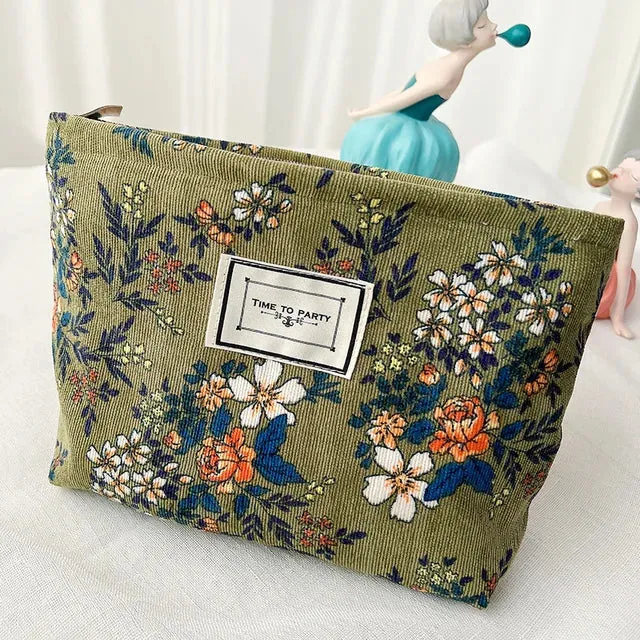 Cosmetic Bag for Women Floral Makeup Case Organizer Embroidered Design Cosmetic Pouch Travel Toiletry Bag Corduroy Canvas Beauty Case