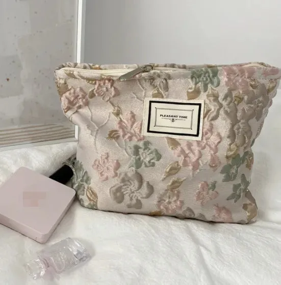 Cosmetic Bag for Women Floral Makeup Case Organizer Embroidered Design Cosmetic Pouch Travel Toiletry Bag Corduroy Canvas Beauty Case