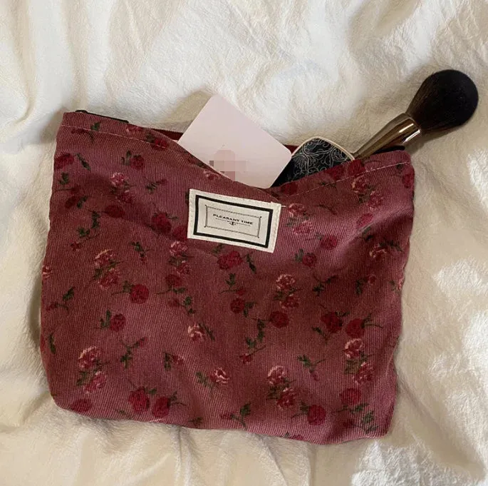 Cosmetic Bag for Women Floral Makeup Case Organizer Embroidered Design Cosmetic Pouch Travel Toiletry Bag Corduroy Canvas Beauty Case