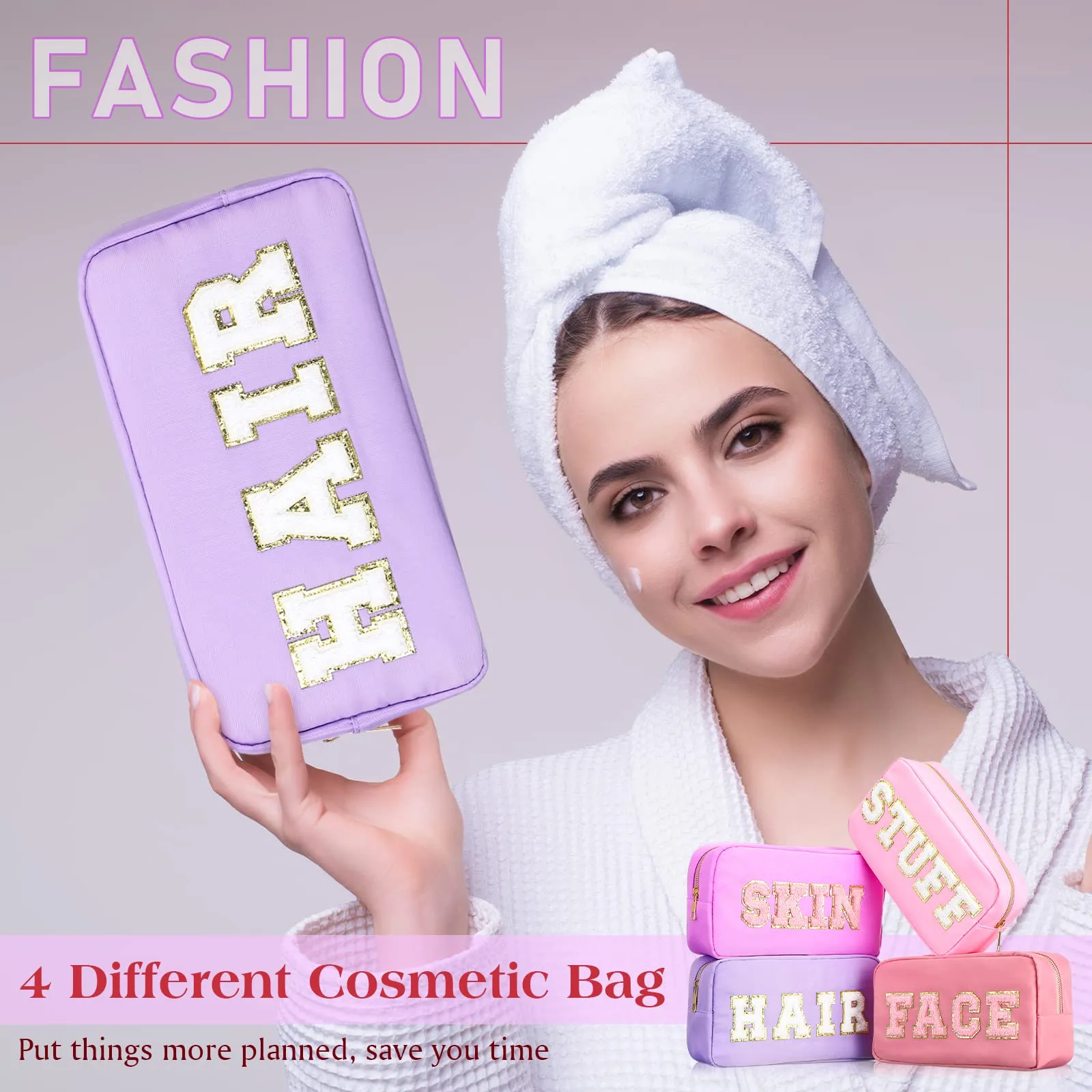 Cunno 4 Pcs Preppy Makeup Bags Chenille Letter Stuff Bag Nylon Cosmetic Pouch Cases with Zipper for Women Travel Toiletry(Mixed Colors,Vivid)