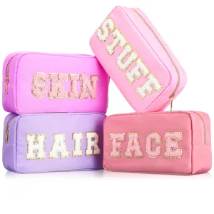 Cunno 4 Pcs Preppy Makeup Bags Chenille Letter Stuff Bag Nylon Cosmetic Pouch Cases with Zipper for Women Travel Toiletry(Mixed Colors,Vivid)
