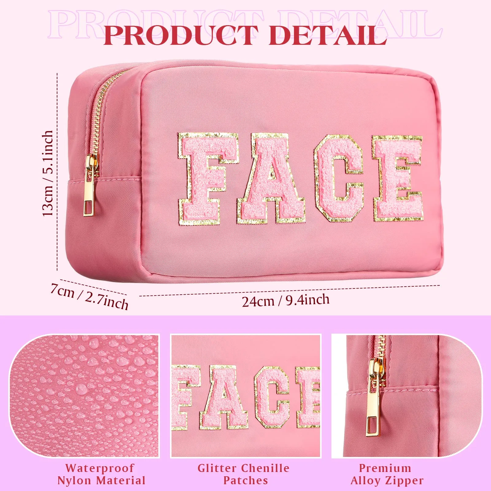 Cunno 4 Pcs Preppy Makeup Bags Chenille Letter Stuff Bag Nylon Cosmetic Pouch Cases with Zipper for Women Travel Toiletry(Mixed Colors,Vivid)