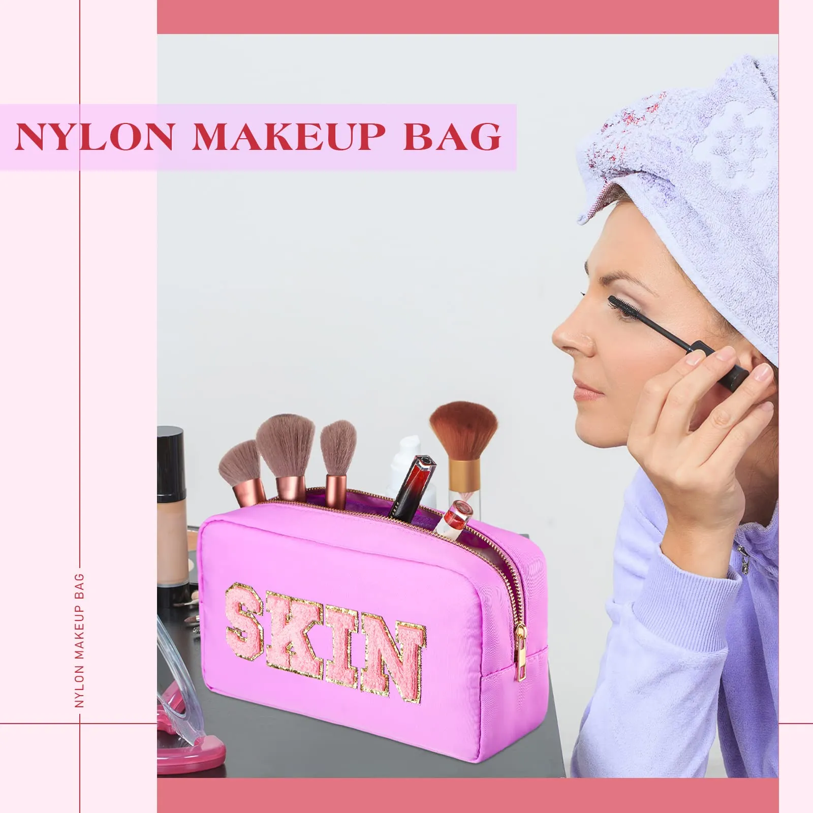 Cunno 4 Pcs Preppy Makeup Bags Chenille Letter Stuff Bag Nylon Cosmetic Pouch Cases with Zipper for Women Travel Toiletry(Mixed Colors,Vivid)