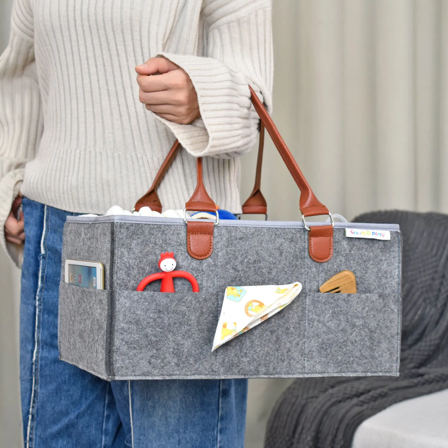 Diaper Caddy XL Size | Portable Diaper Organizer Bag | Grey with Brown Handles
