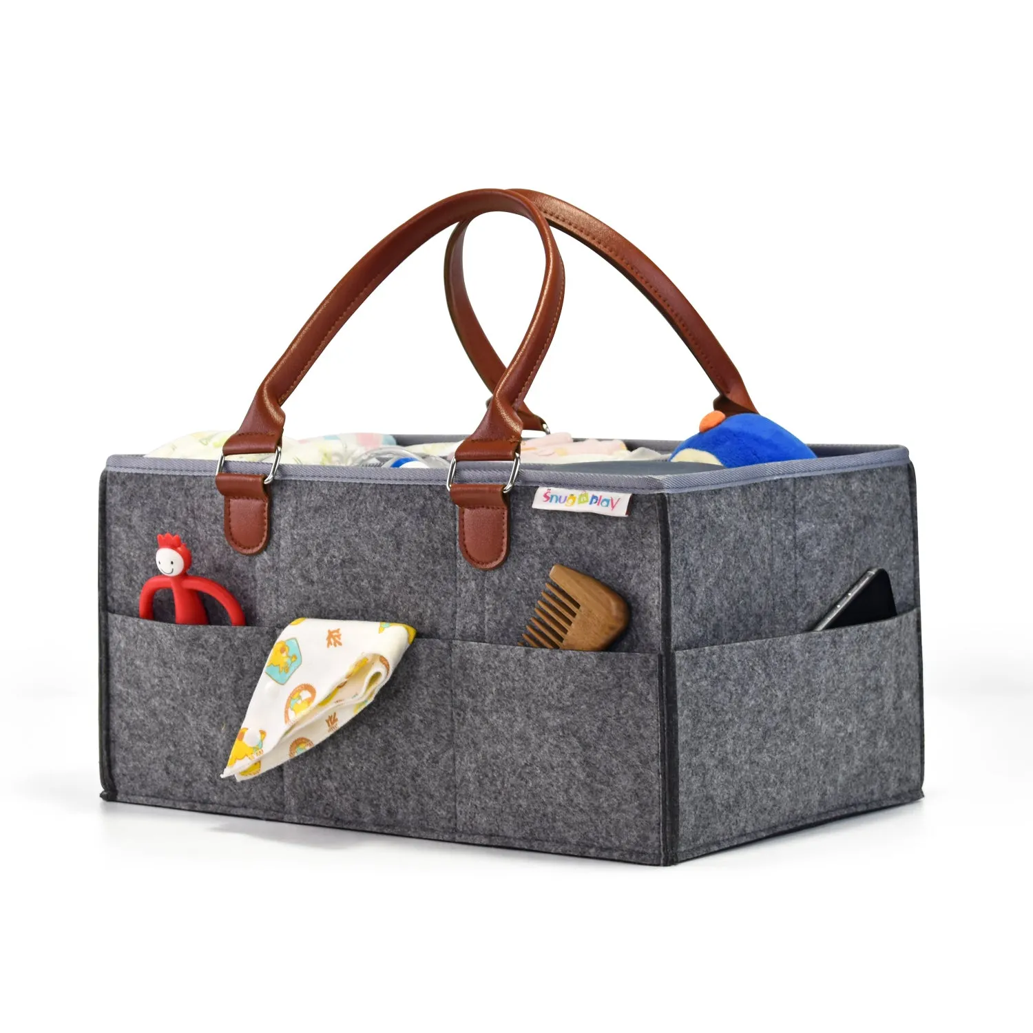 Diaper Caddy XL Size | Portable Diaper Organizer Bag | Grey with Brown Handles