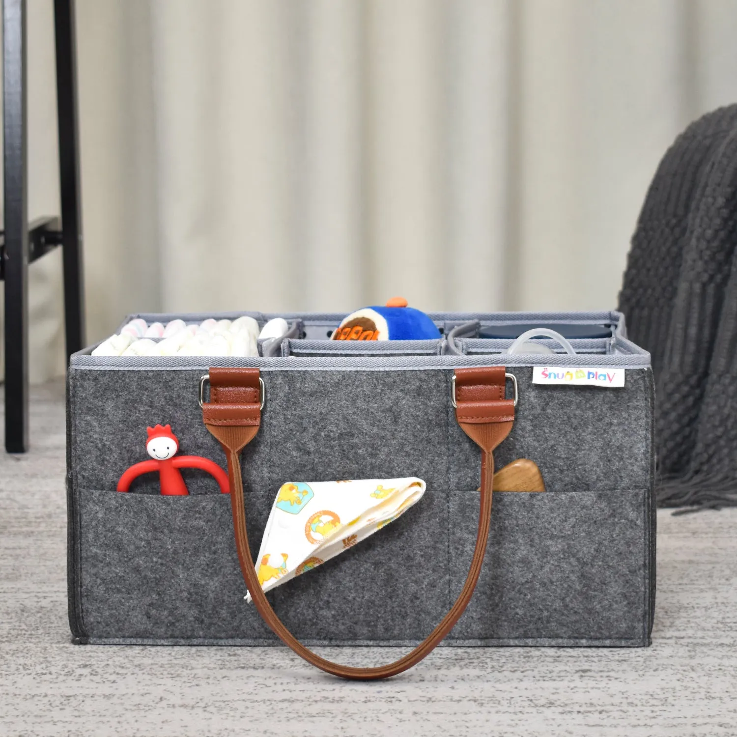 Diaper Caddy XL Size | Portable Diaper Organizer Bag | Grey with Brown Handles