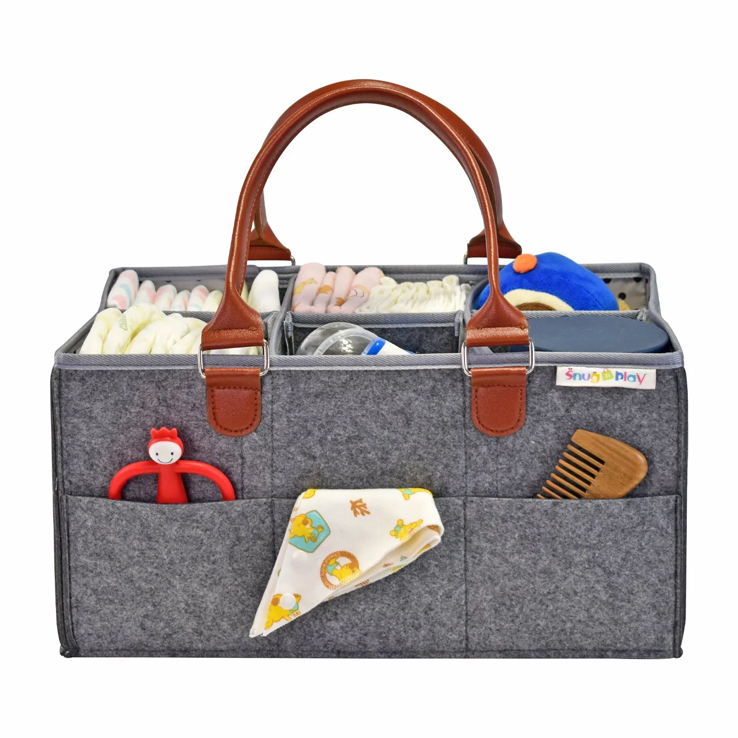 Diaper Caddy XL Size | Portable Diaper Organizer Bag | Grey with Brown Handles