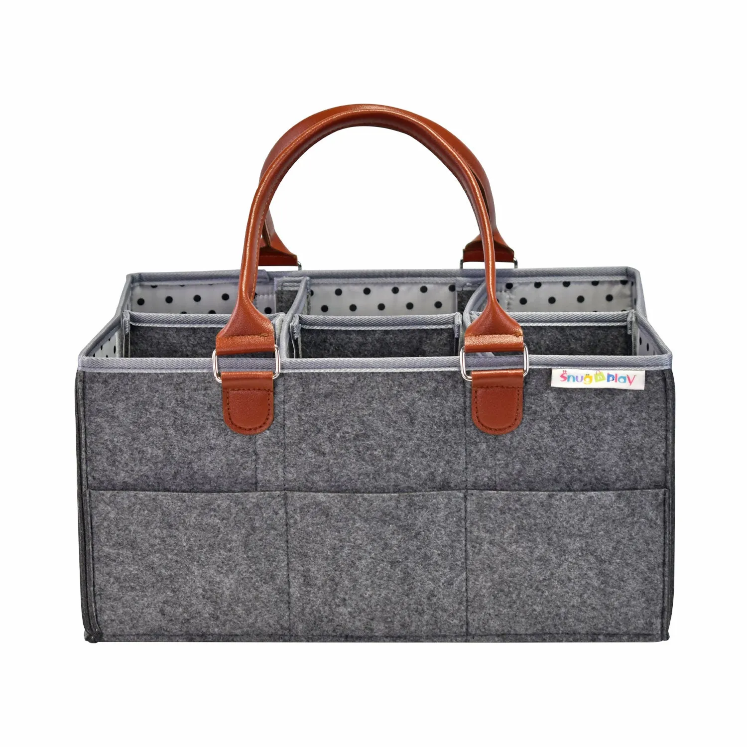 Diaper Caddy XL Size | Portable Diaper Organizer Bag | Grey with Brown Handles