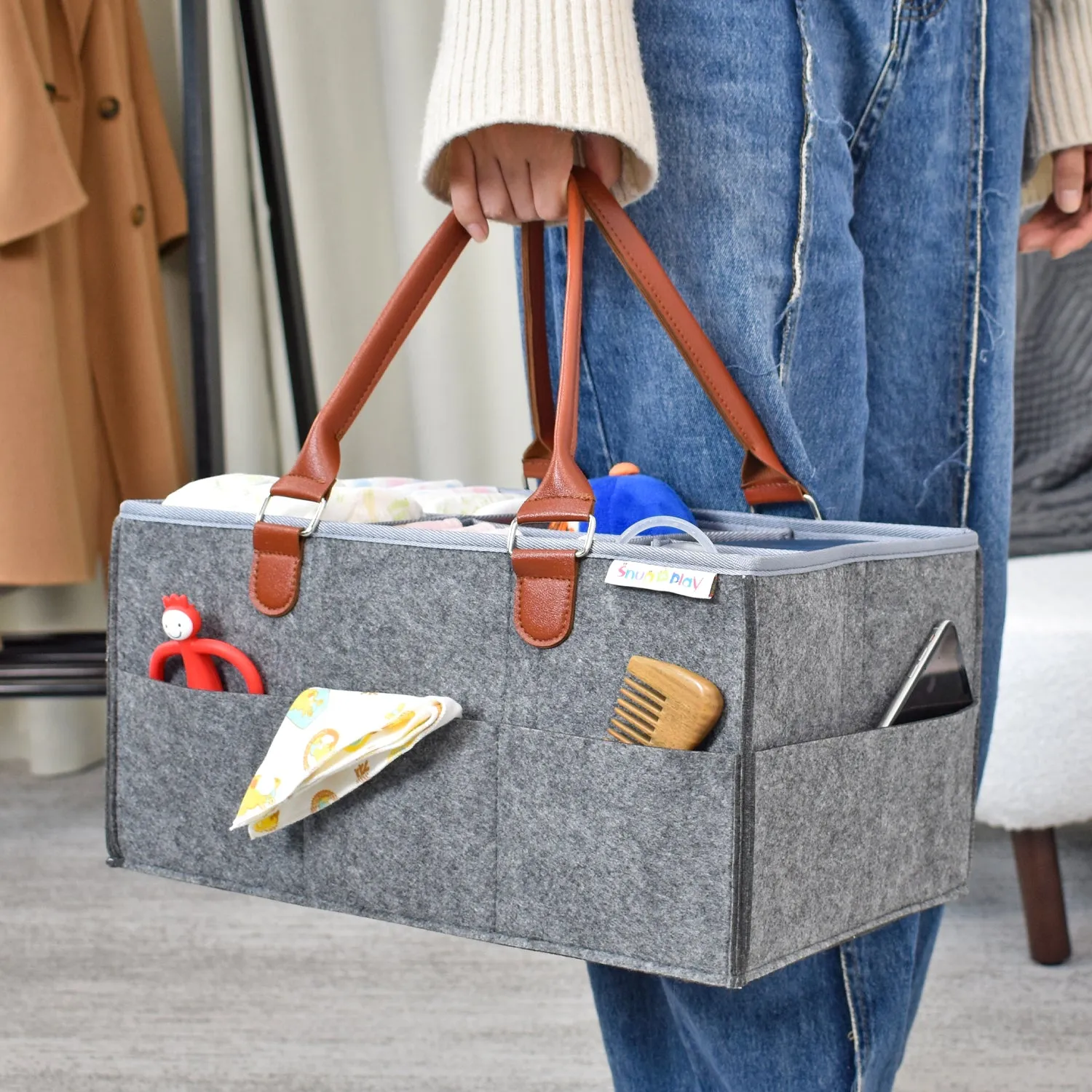 Diaper Caddy XL Size | Portable Diaper Organizer Bag | Grey with Brown Handles