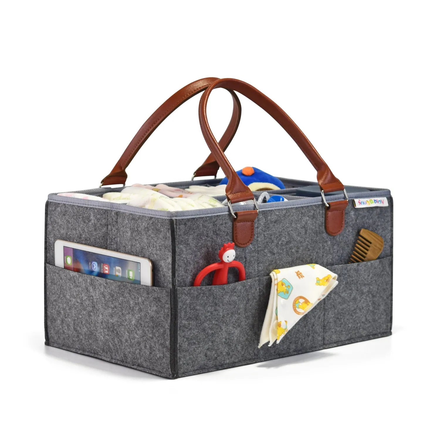 Diaper Caddy XL Size | Portable Diaper Organizer Bag | Grey with Brown Handles