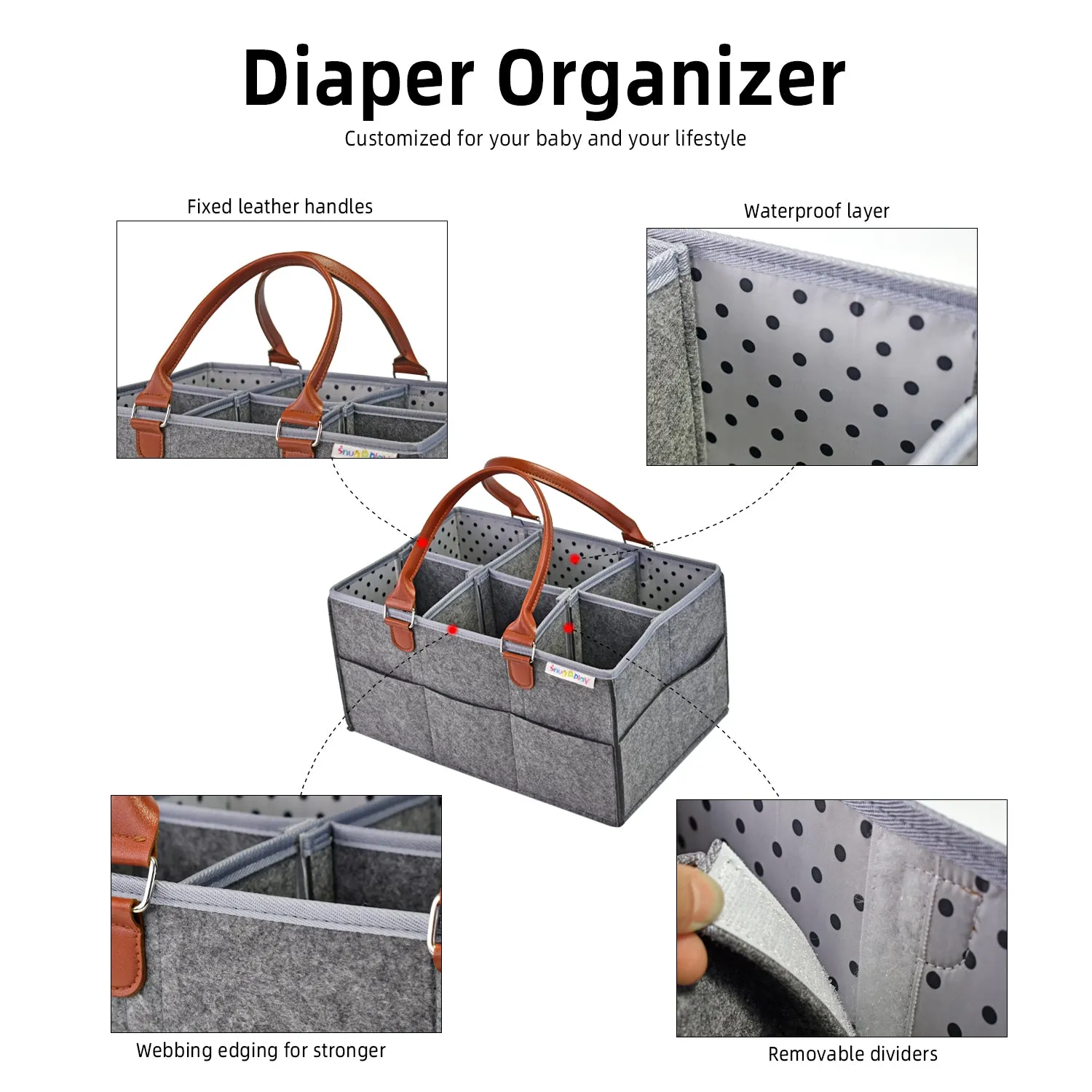 Diaper Caddy XL Size | Portable Diaper Organizer Bag | Grey with Brown Handles