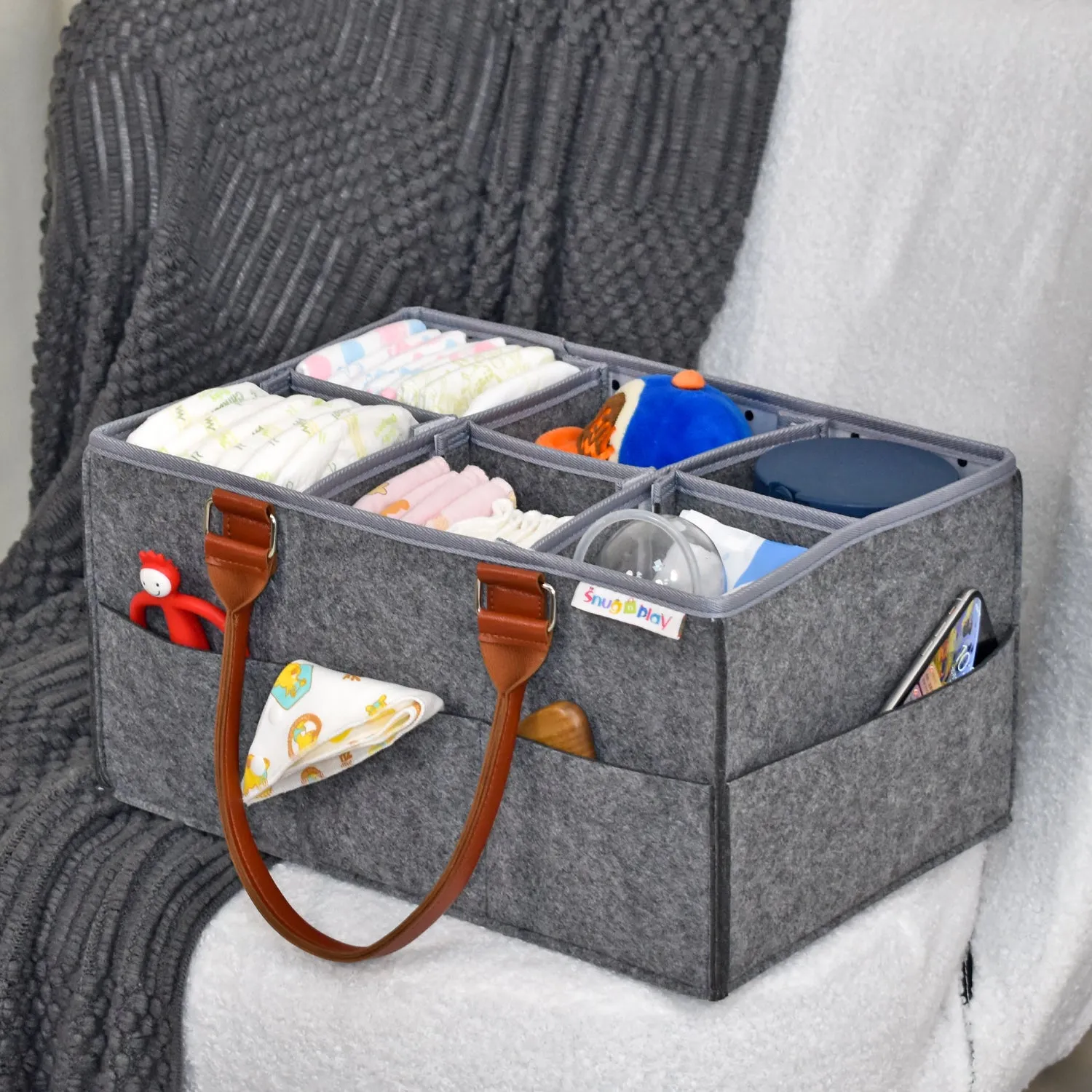 Diaper Caddy XL Size | Portable Diaper Organizer Bag | Grey with Brown Handles