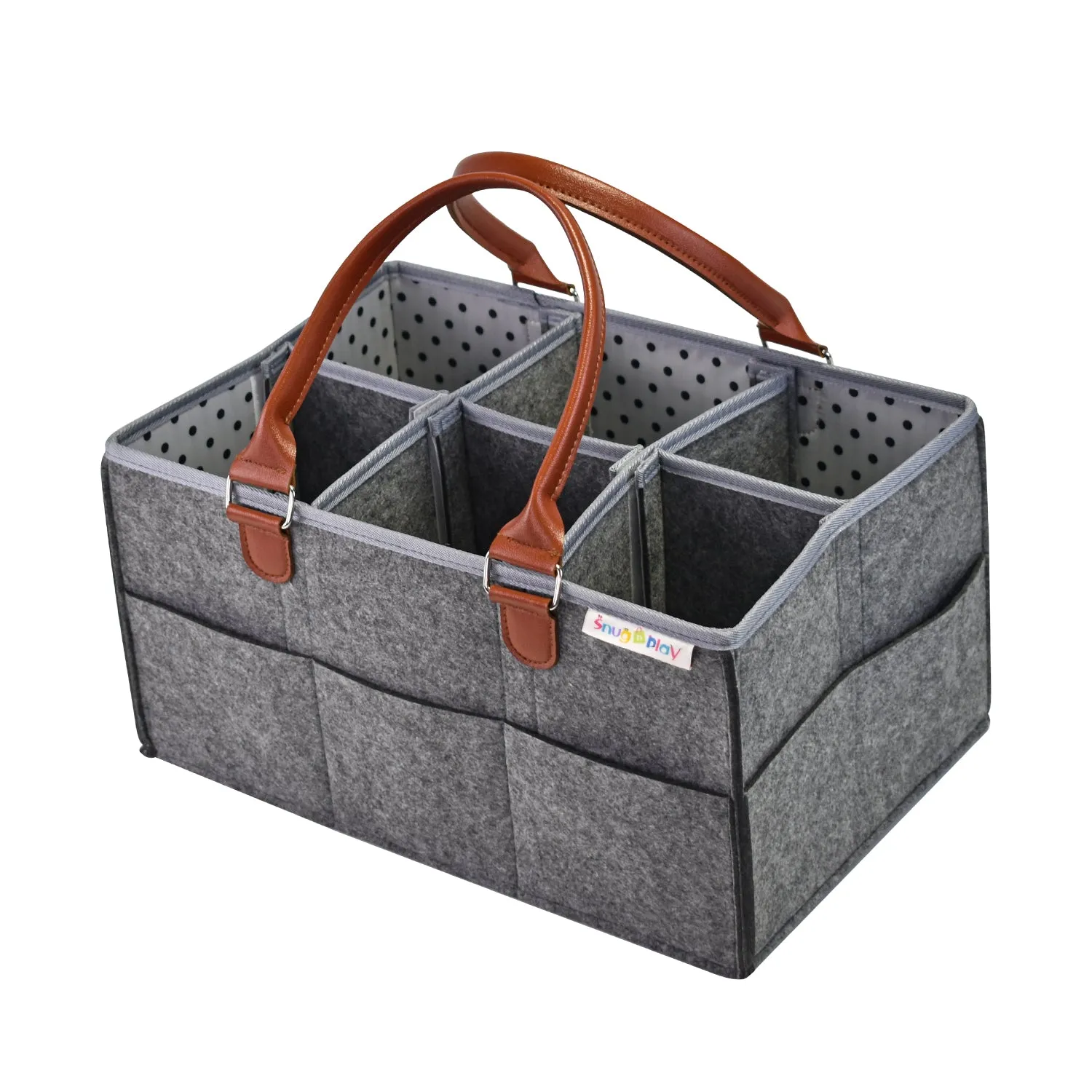 Diaper Caddy XL Size | Portable Diaper Organizer Bag | Grey with Brown Handles