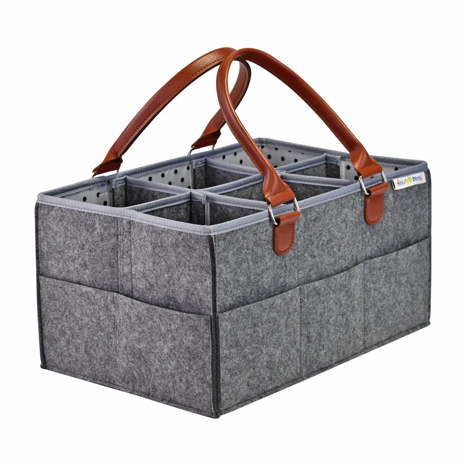 Diaper Caddy XL Size | Portable Diaper Organizer Bag | Grey with Brown Handles