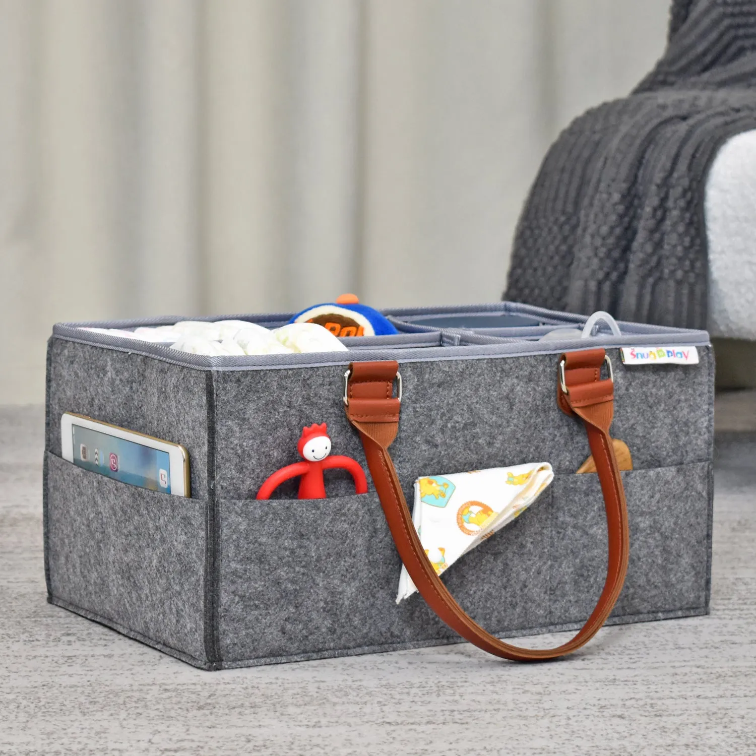 Diaper Caddy XL Size | Portable Diaper Organizer Bag | Grey with Brown Handles
