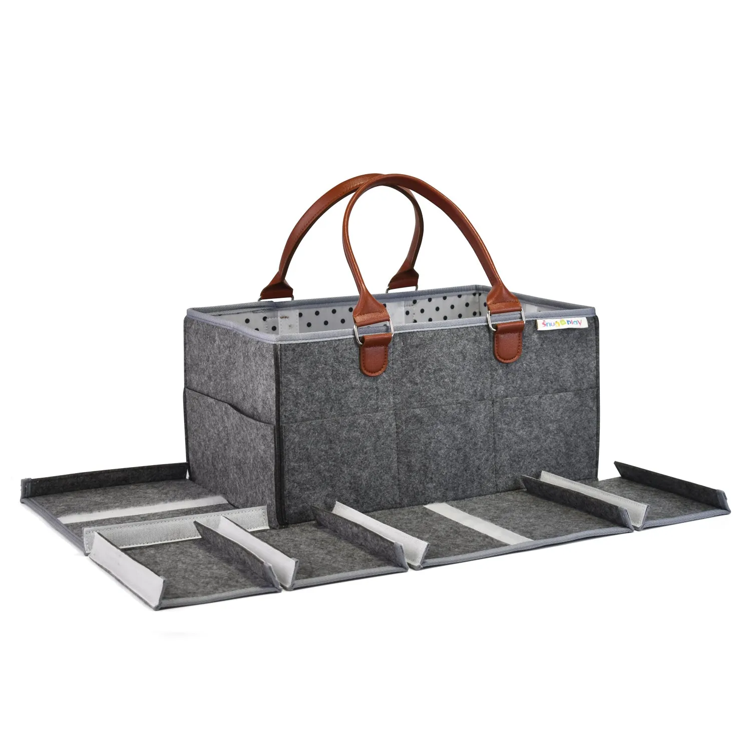Diaper Caddy XL Size | Portable Diaper Organizer Bag | Grey with Brown Handles