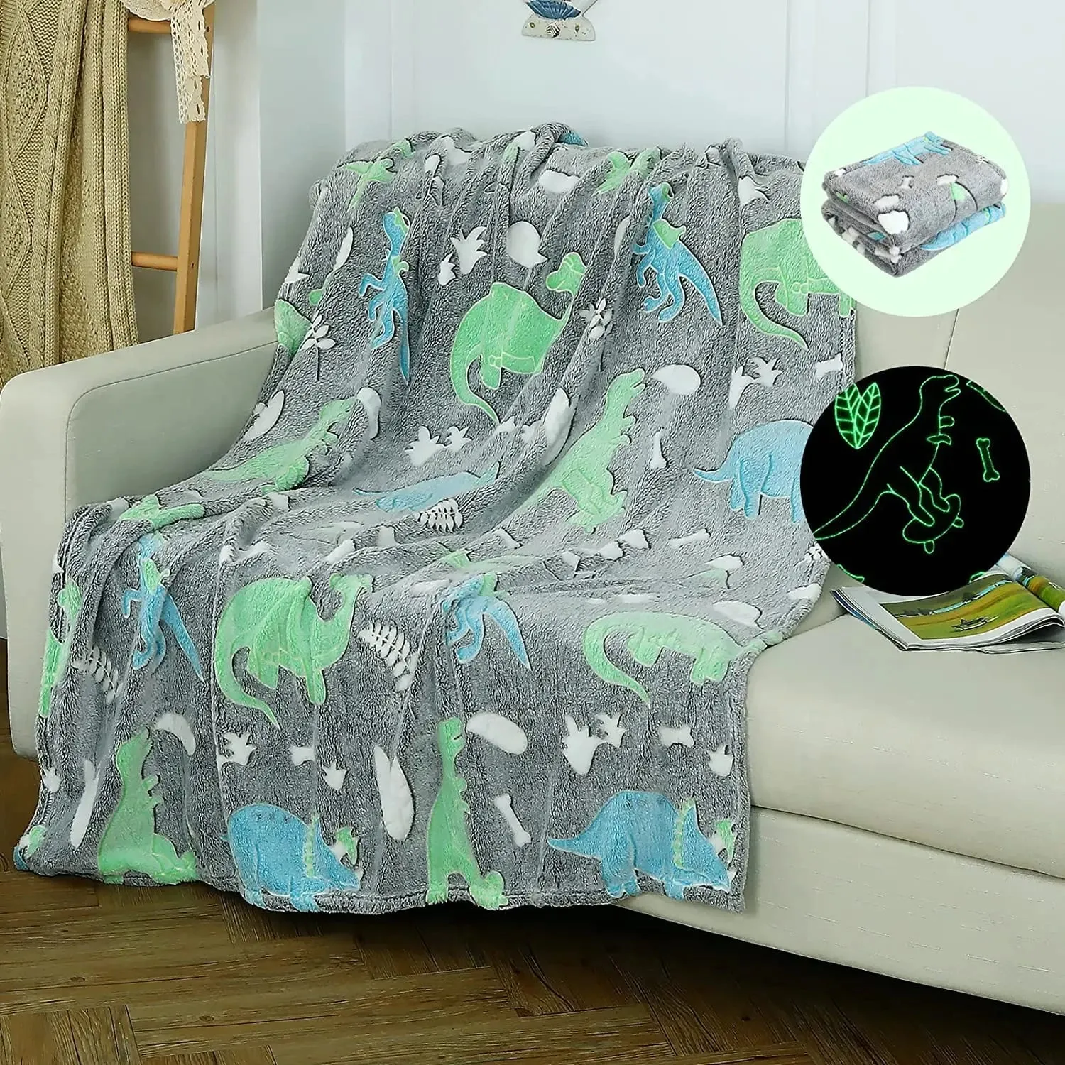 Dinosaur Glow in The Dark Baby Blanket for Kids, 200 x 152cm, 0-15 Years | Ultra-soft & Lightweight Blanket