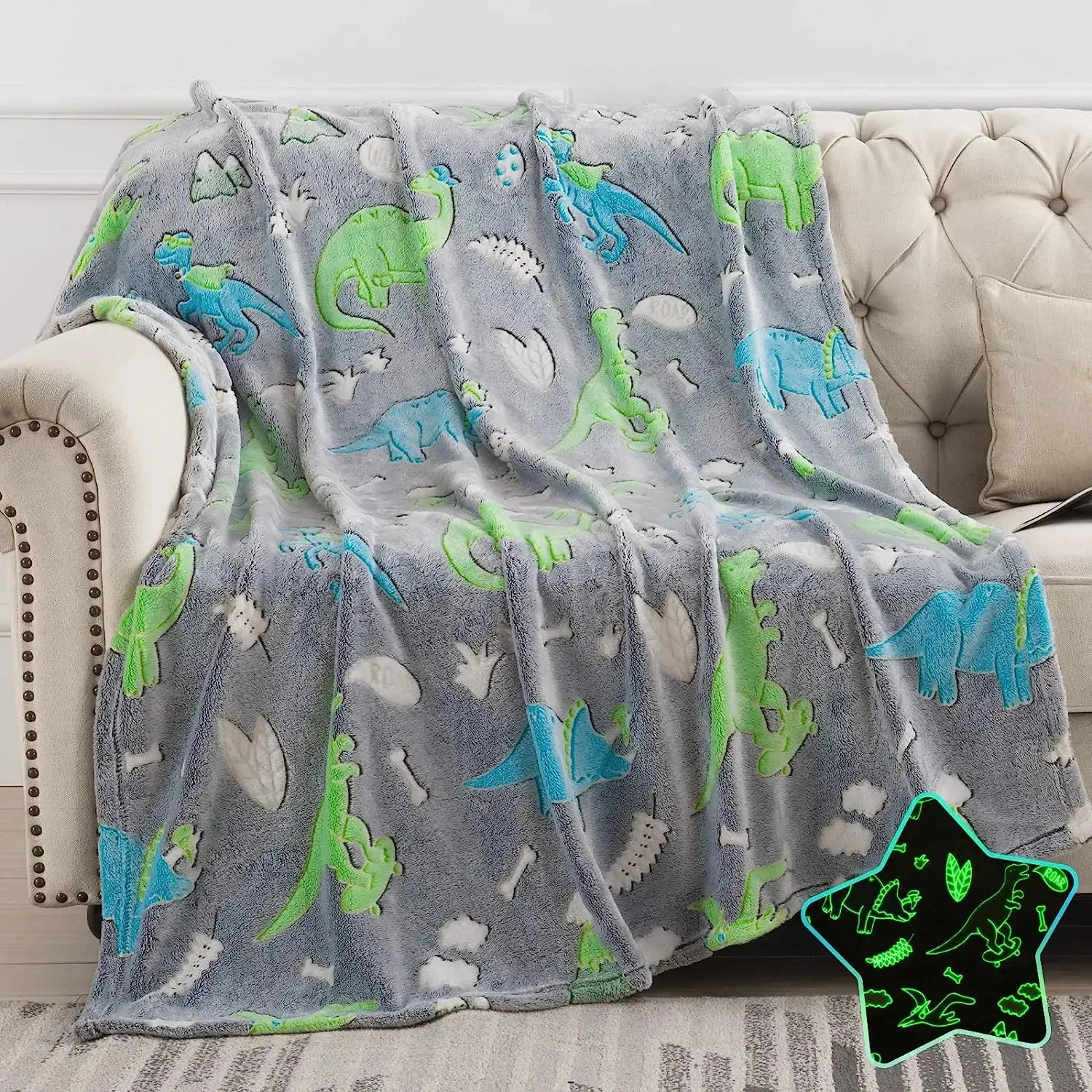 Dinosaur Glow in The Dark Baby Blanket for Kids, 200 x 152cm, 0-15 Years | Ultra-soft & Lightweight Blanket