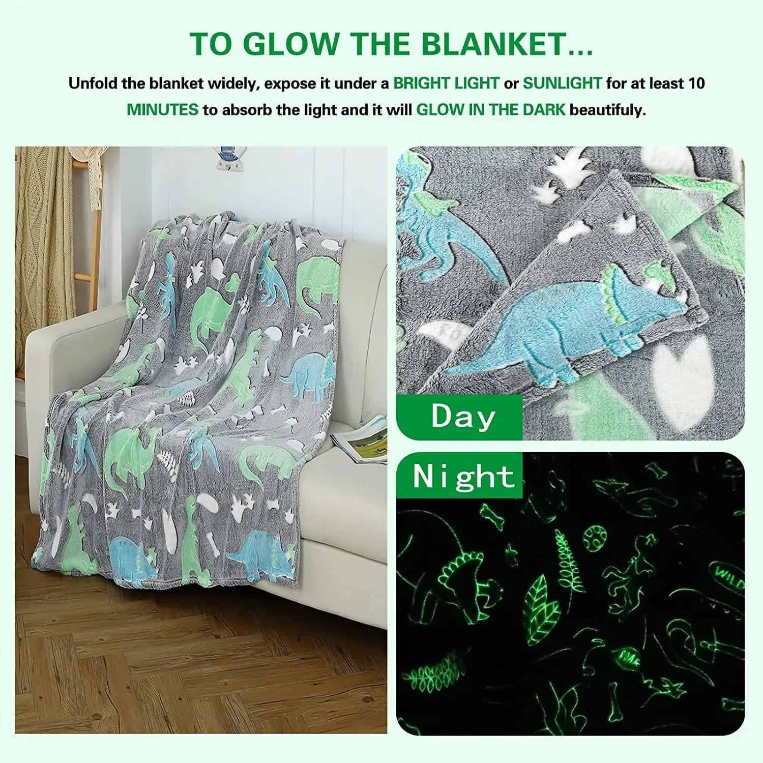 Dinosaur Glow in The Dark Baby Blanket for Kids, 200 x 152cm, 0-15 Years | Ultra-soft & Lightweight Blanket