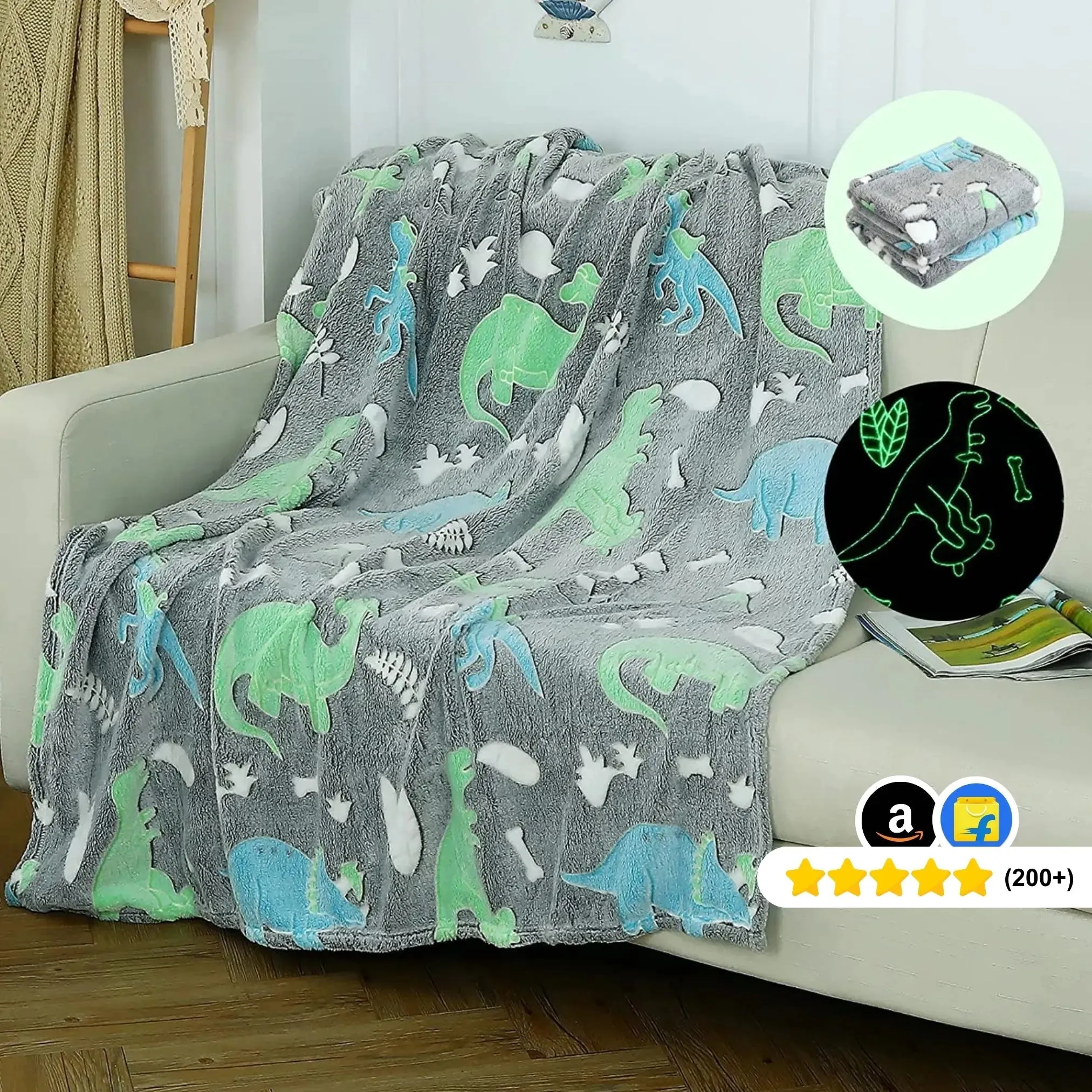 Dinosaur Glow in The Dark Baby Blanket for Kids, 200 x 152cm, 0-15 Years | Ultra-soft & Lightweight Blanket