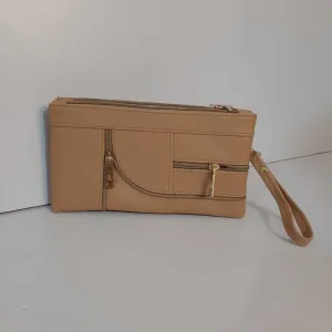 Double Zip Soft Leather Wallet - Beige - W09
