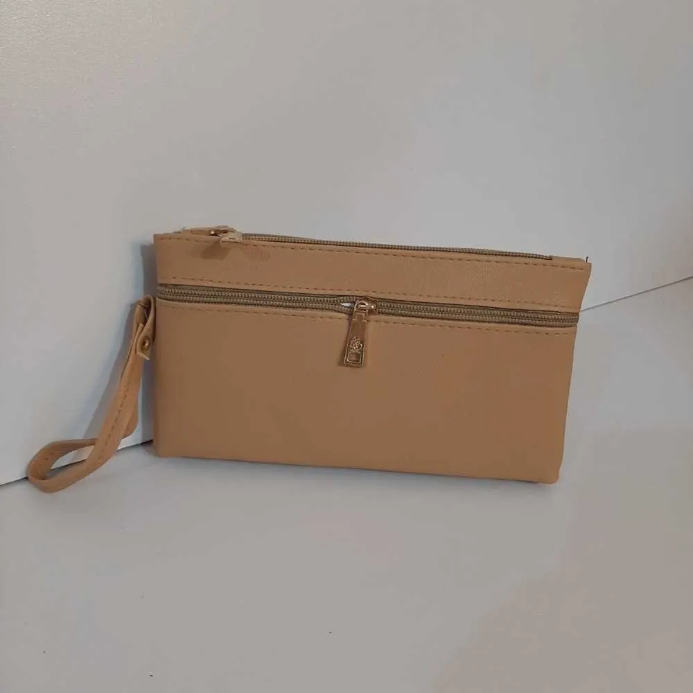 Double Zip Soft Leather Wallet - Beige - W09