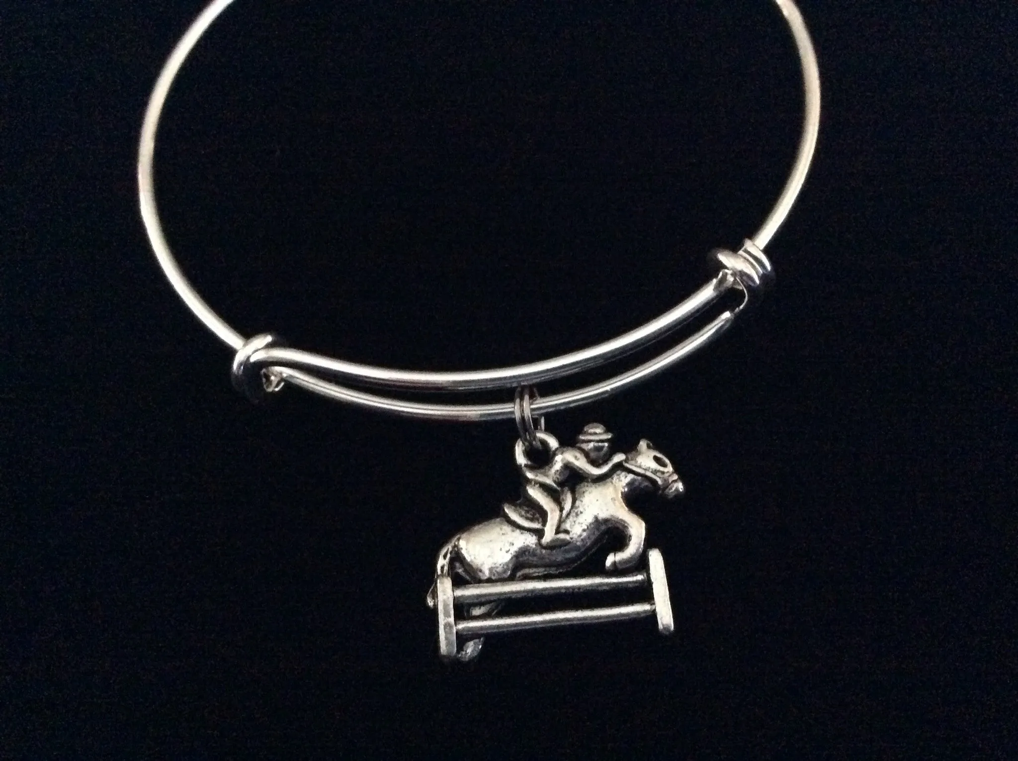 Equestrian Horse Silver Wire Expandable Bracelet Adjustable Bangle Horse and Rider Jockey Horse Race Gift