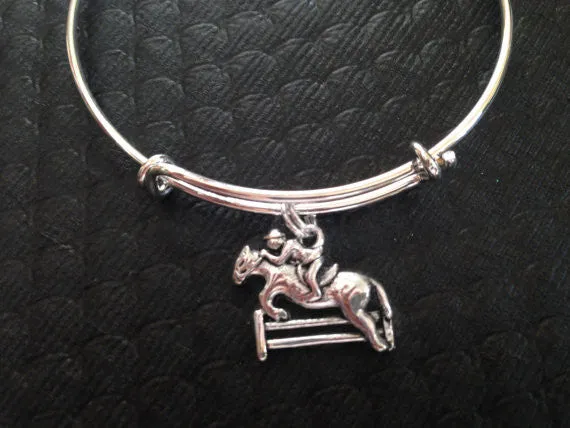 Equestrian Horse Silver Wire Expandable Bracelet Adjustable Bangle Horse and Rider Jockey Horse Race Gift
