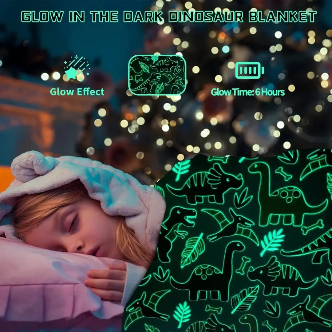 Famyo Glow Blanket - Green Dinosaur, 0-15 years| Glow In The Dark Blanket For Kids | Kids Bedroom Decor Ideas