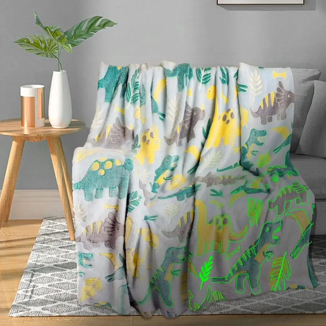 Famyo Glow Blanket - Green Dinosaur, 0-15 years| Glow In The Dark Blanket For Kids | Kids Bedroom Decor Ideas