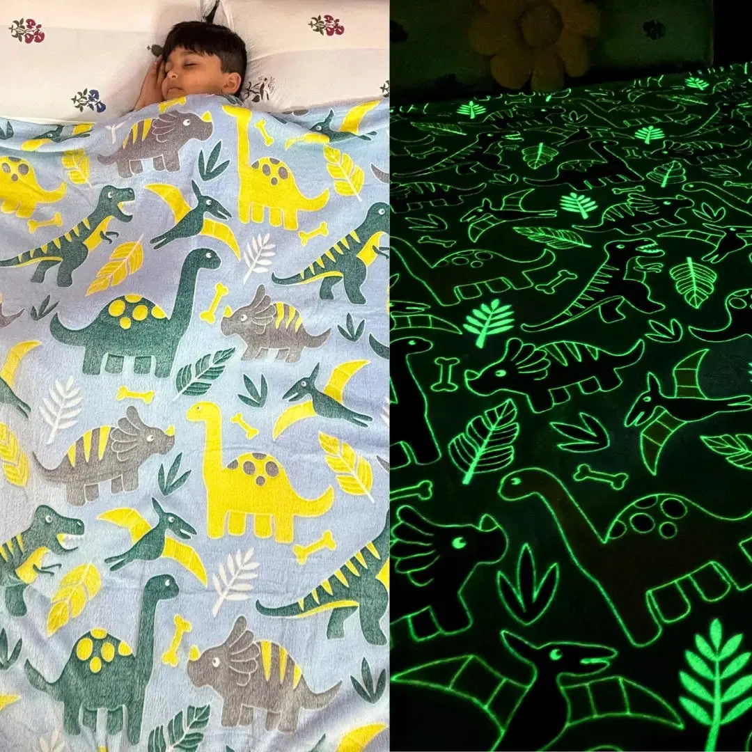 Famyo Glow Blanket - Green Dinosaur, 0-15 years| Glow In The Dark Blanket For Kids | Kids Bedroom Decor Ideas