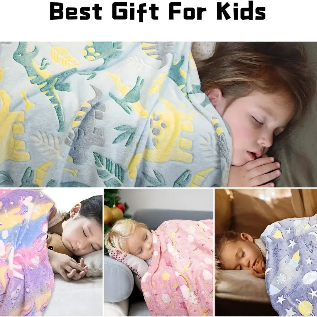 Famyo Glow Blanket - Green Dinosaur, 0-15 years| Glow In The Dark Blanket For Kids | Kids Bedroom Decor Ideas