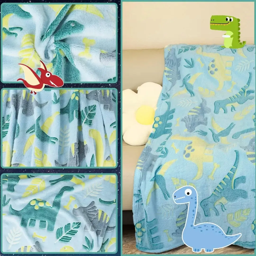 Famyo Glow Blanket - Green Dinosaur, 0-15 years| Glow In The Dark Blanket For Kids | Kids Bedroom Decor Ideas