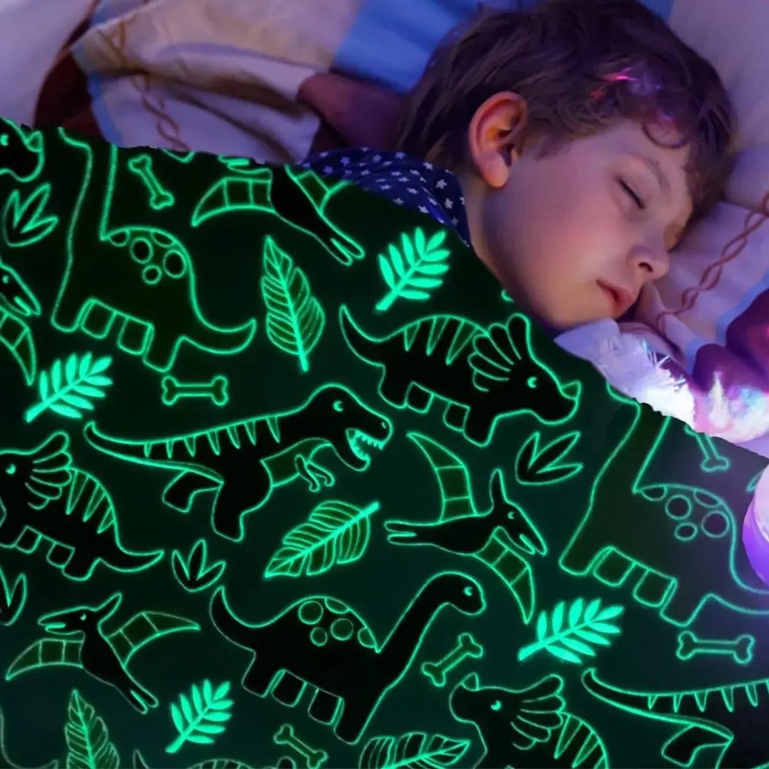 Famyo Glow Blanket - Green Dinosaur, 0-15 years| Glow In The Dark Blanket For Kids | Kids Bedroom Decor Ideas